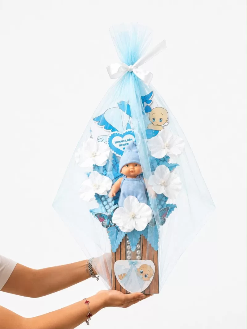 Hoş Geldin Bebek Erkek Figürlü | Erkek Bebek Doğum Hediyesi | Yeni Doğan Dekoratif Tüllü