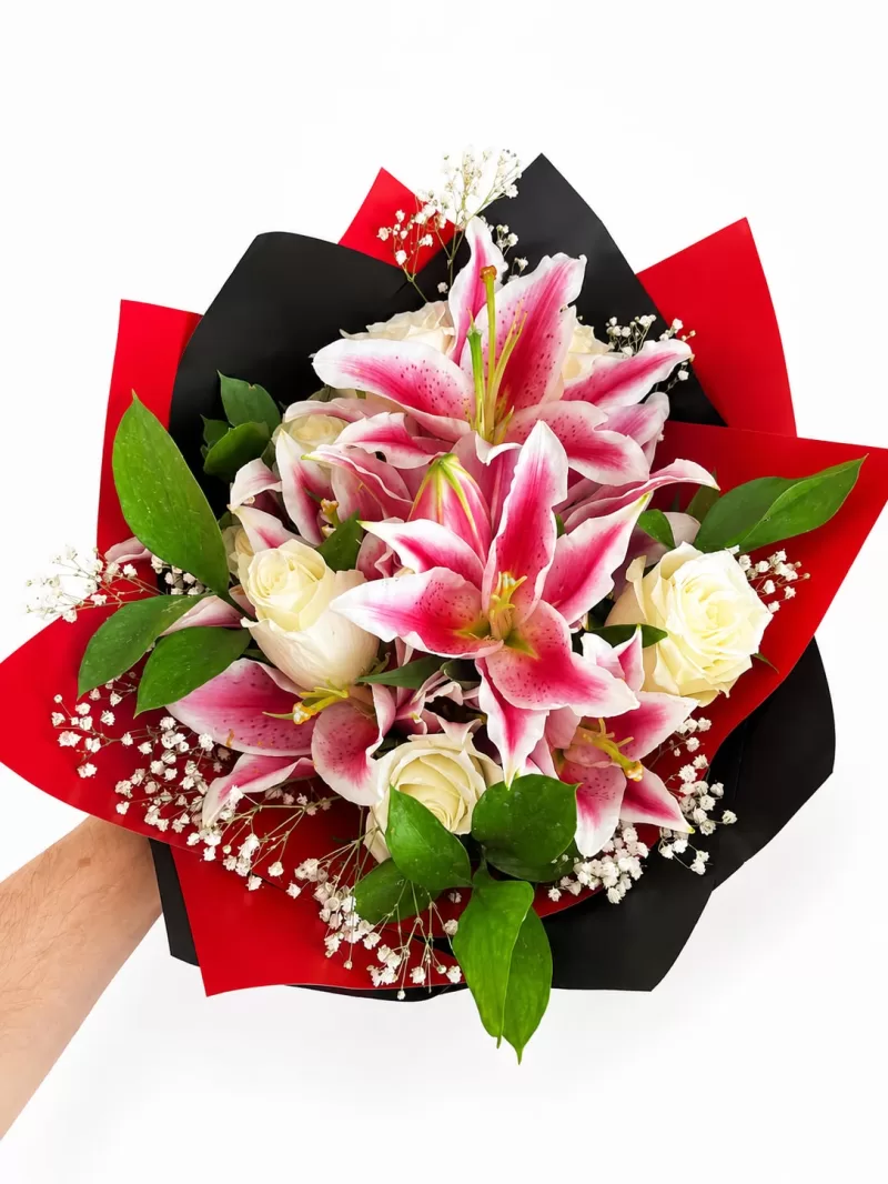 Pembe Lilyum ve Beyaz Gül Buketi 