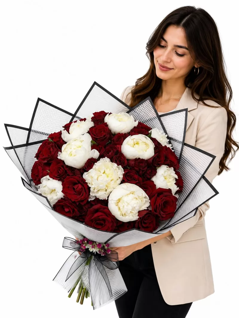 Premium 51 Kırmızı Gül ve 10 Beyaz Şakayık Buketi