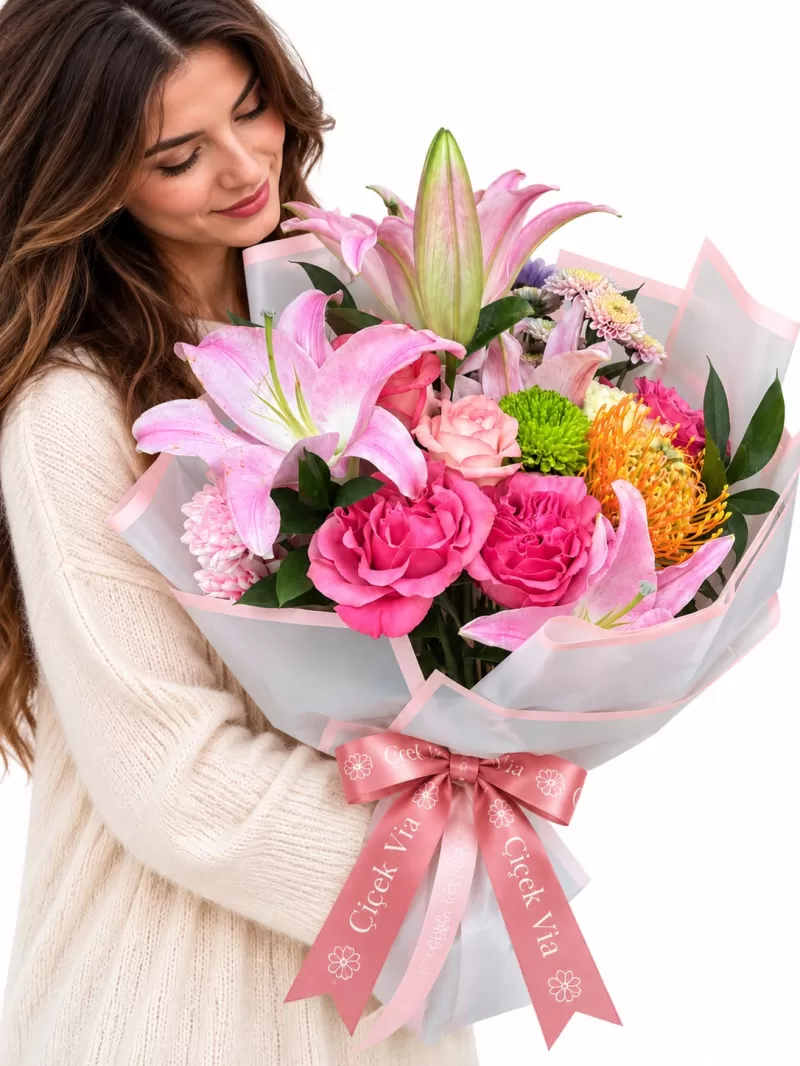 Pembe Lilyum ve Gül Aranjmanı